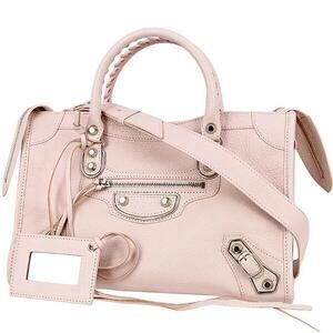 Balenciaga Classic Metallic City Shoulder Bag Rose Pink Goatskin Handbag Leather